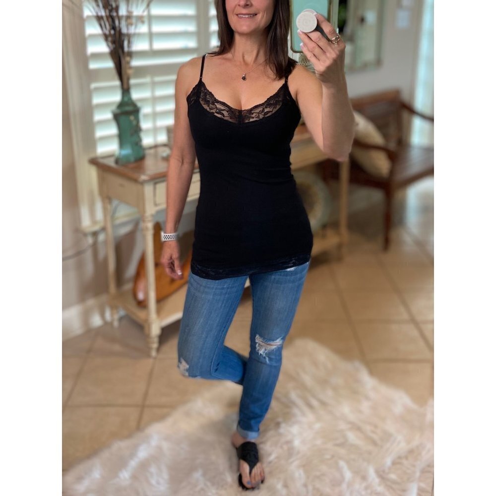 🎀PLUS Lace Trim Cami Spaghetti Strap Black 2420